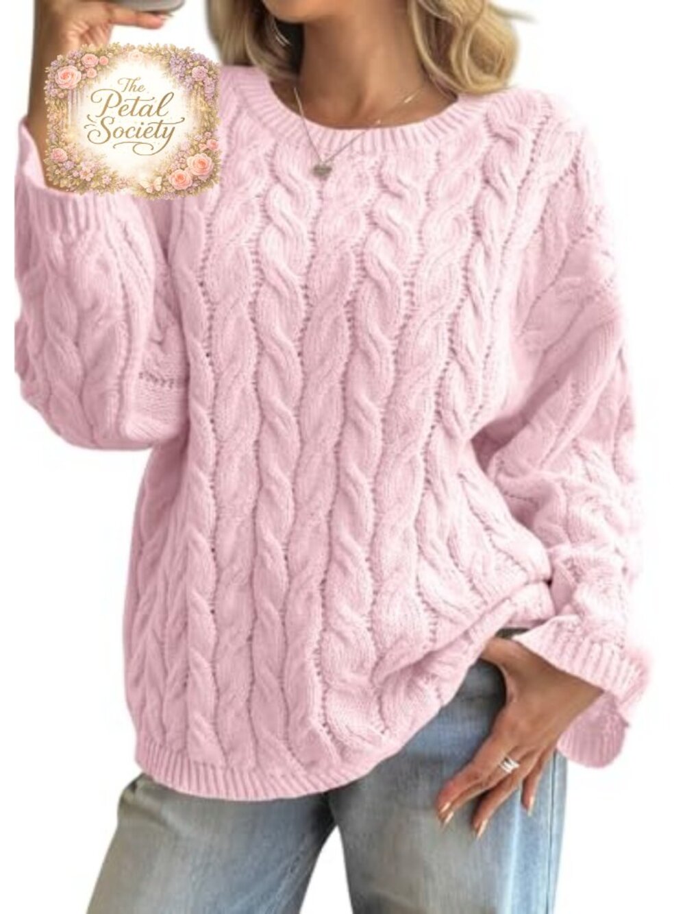 Oversized Cable Knit Sweater Long Sleeve Chunky Pullover Crewneck